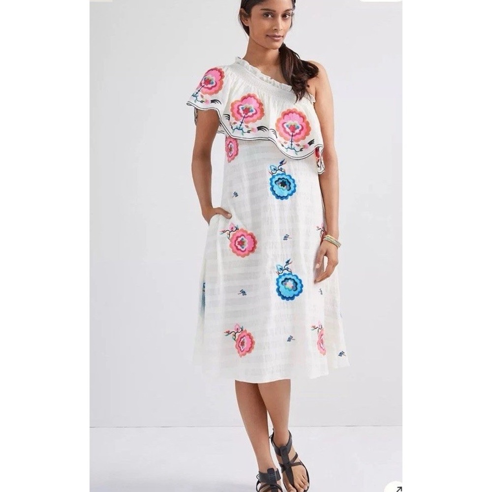 Anthropologie White One-Shoulder Midi Dress with Pink & Blue Floral Embroidery